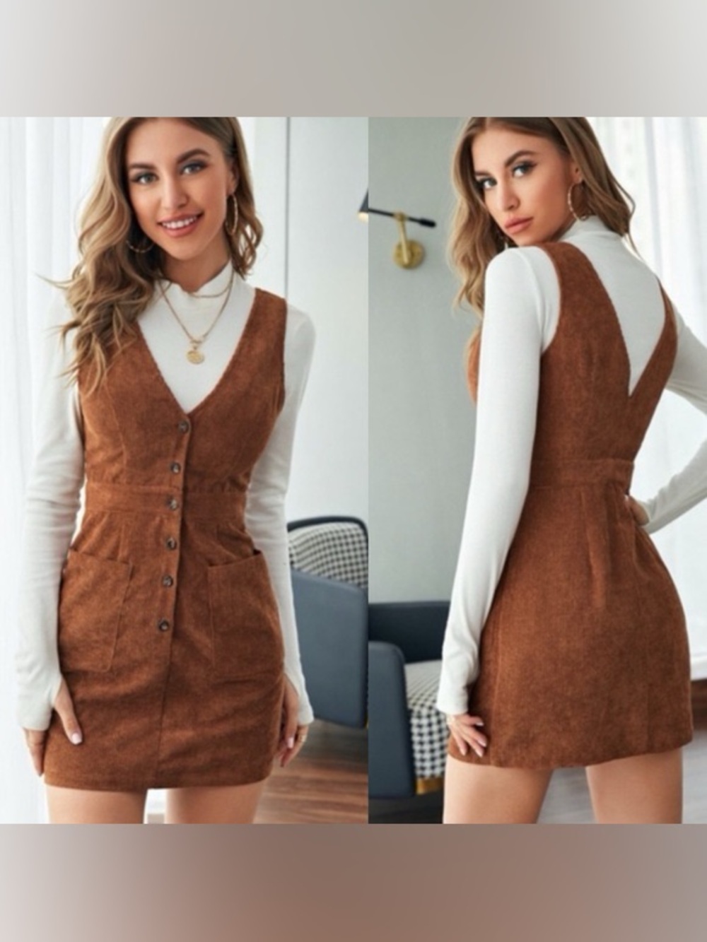 SHEIN Brown Corduroy V-Neck Button-Front Mini Dress